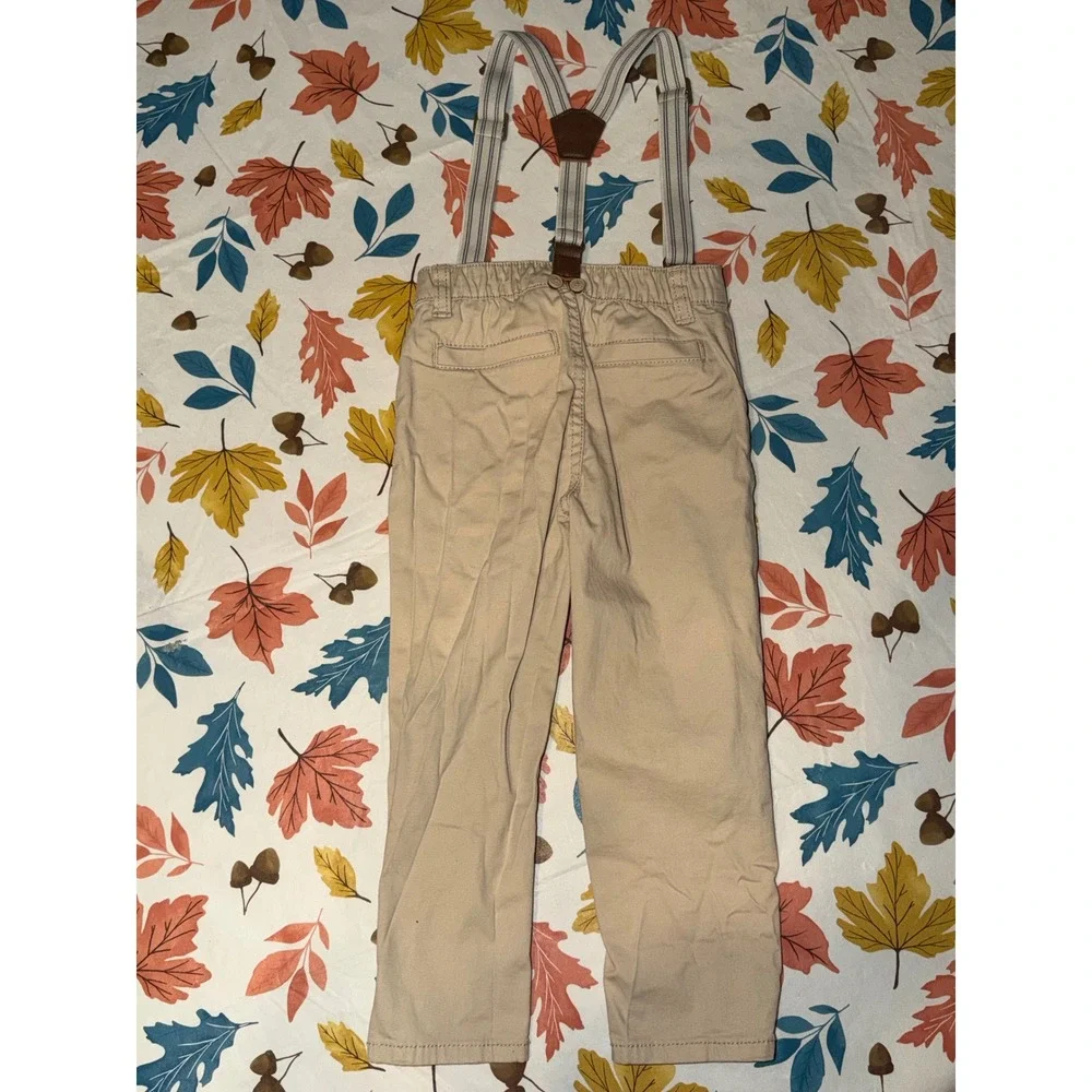 Osh Kosh Boys Tan Chino Pants with Removable Striped Suspenders Size 3T